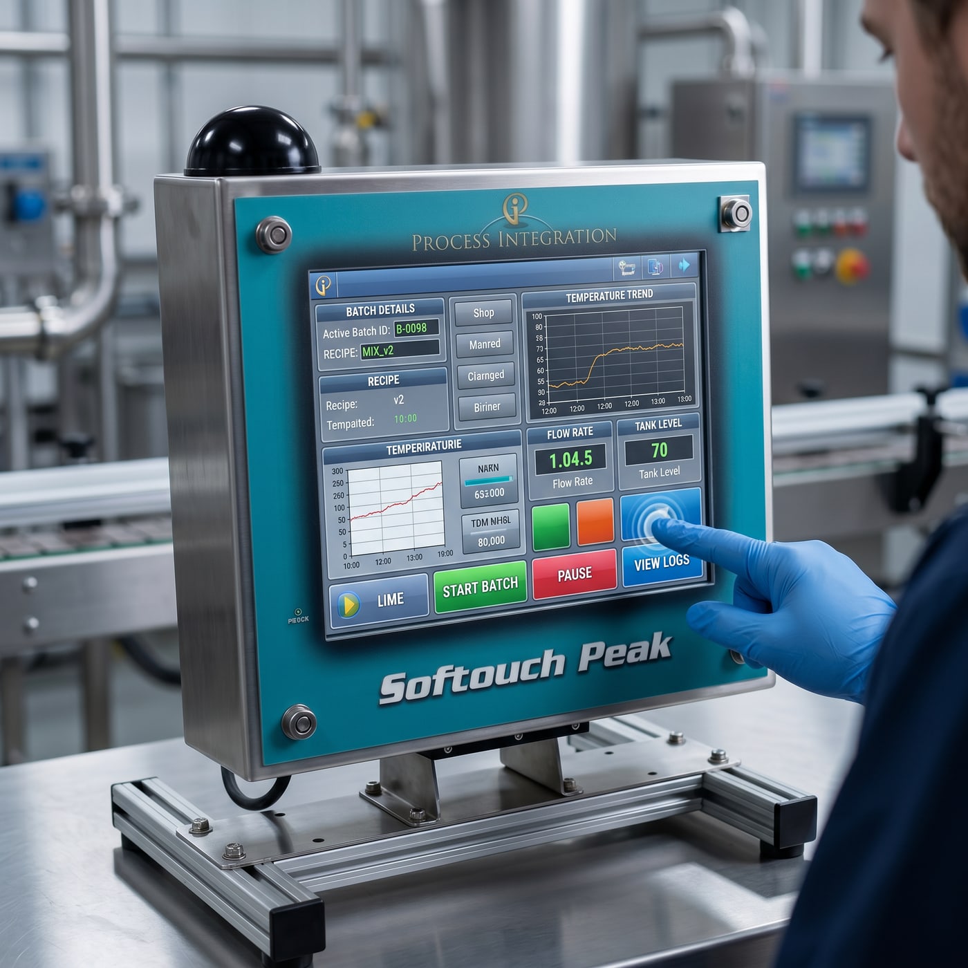 An operator using a Softouch Peak touchscreen on a plant floor